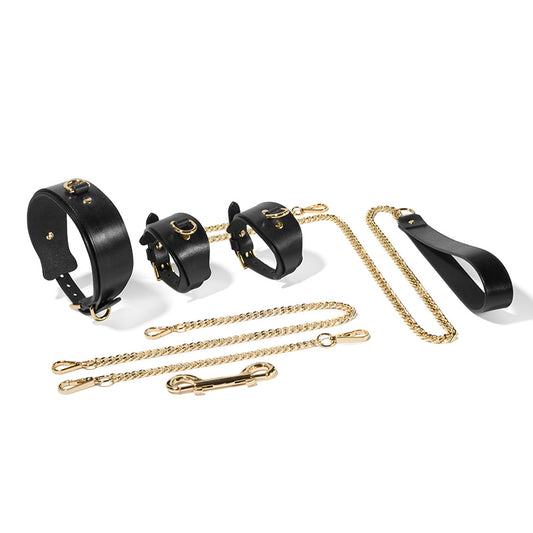 Minimalist Black Collar Handcuffs Leather Set